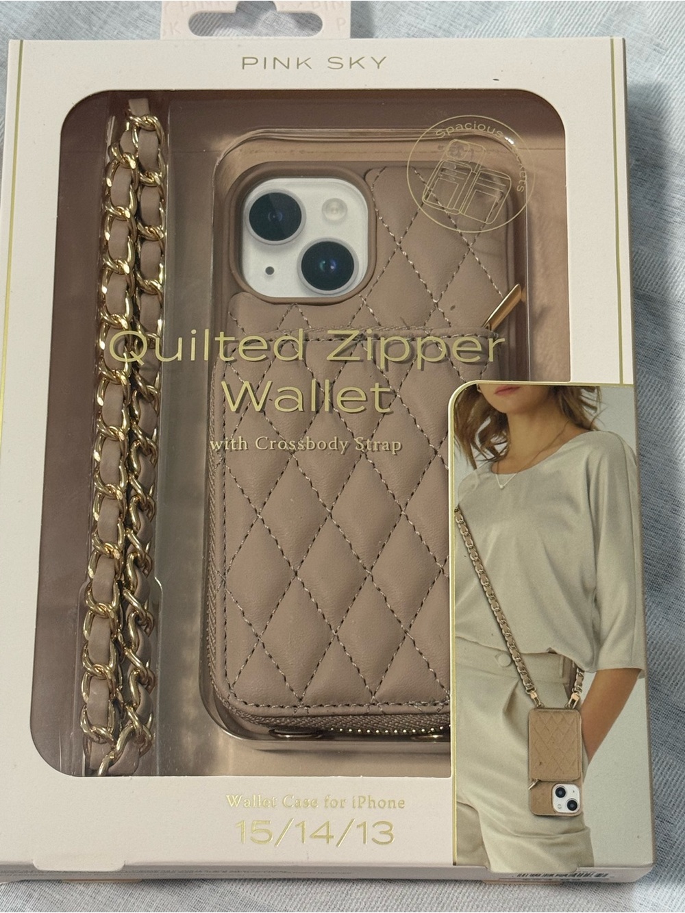 Pink Sky Quilted Zipper Wallet Case with Crossbody Strap - Taupe